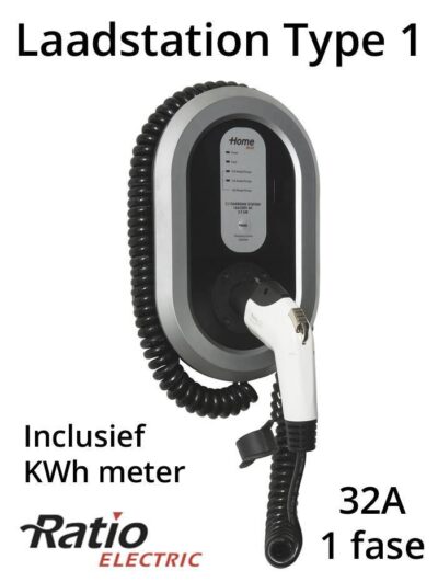 EV Laadstation type 1, 32A, laadkabel spiraal + KWh meter