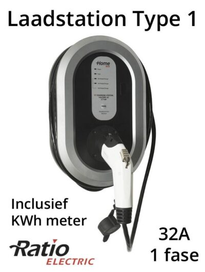 EV Home Box Plus Laadstation type 1, 1 fase 32A met rechte laadkabel + KWh meter